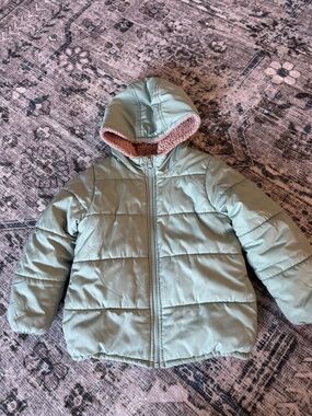 Carters puffer jacket, fleece lined green coat with pink lining 5T